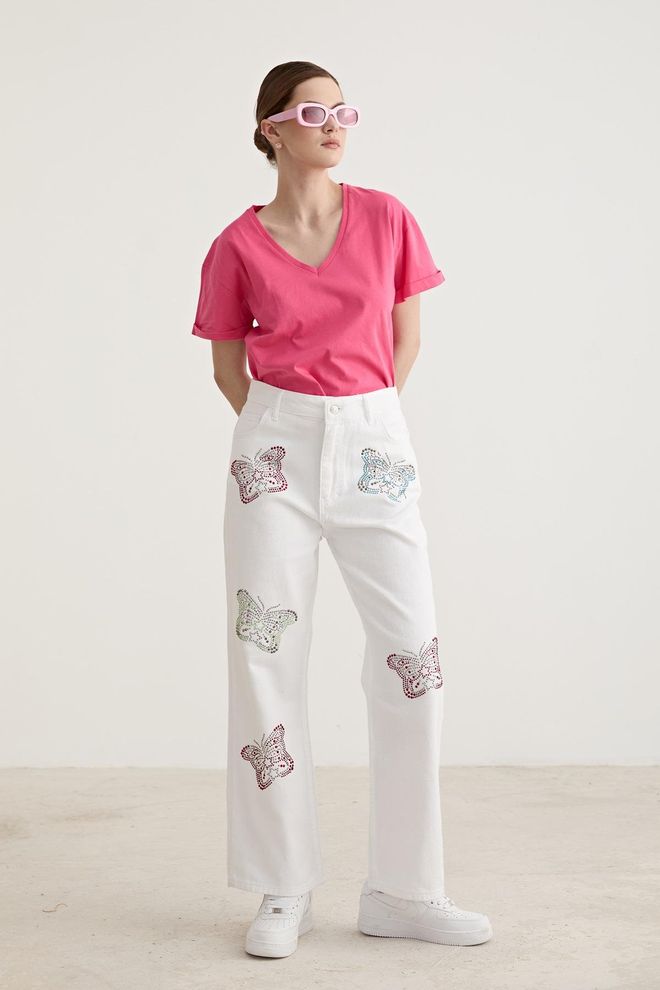 Levure Stone Butterfly Detailed Wide Leg Trousers White Wholesale Clothing Spring