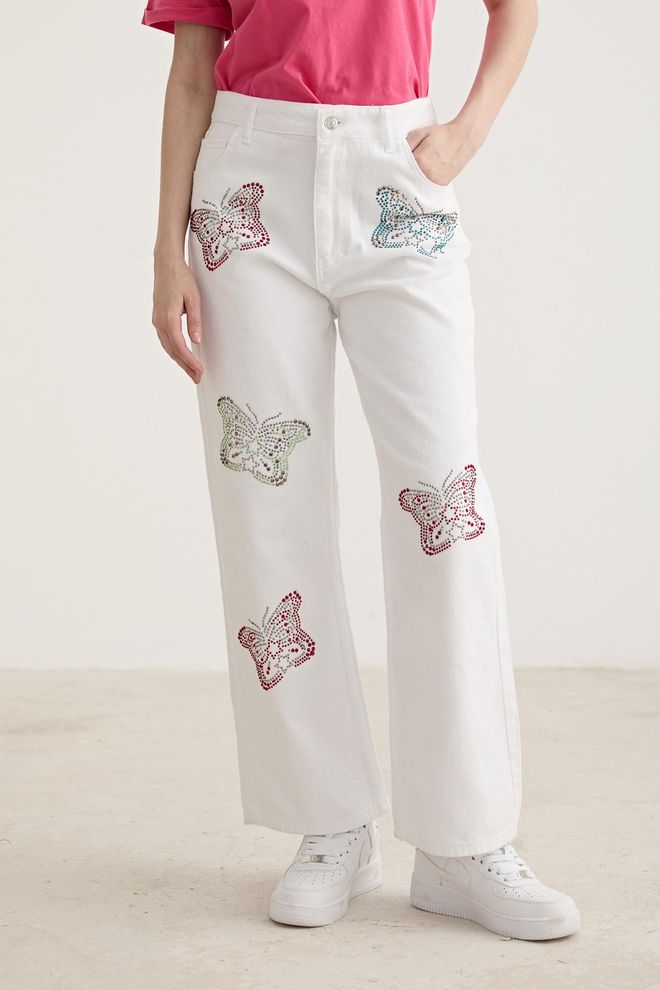 Levure Stone Butterfly Detailed Wide Leg Trousers White Wholesale Clothing 8