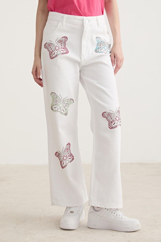 Levure Stone Butterfly Detailed Wide Leg Trousers White Wholesale Clothing Birthday
