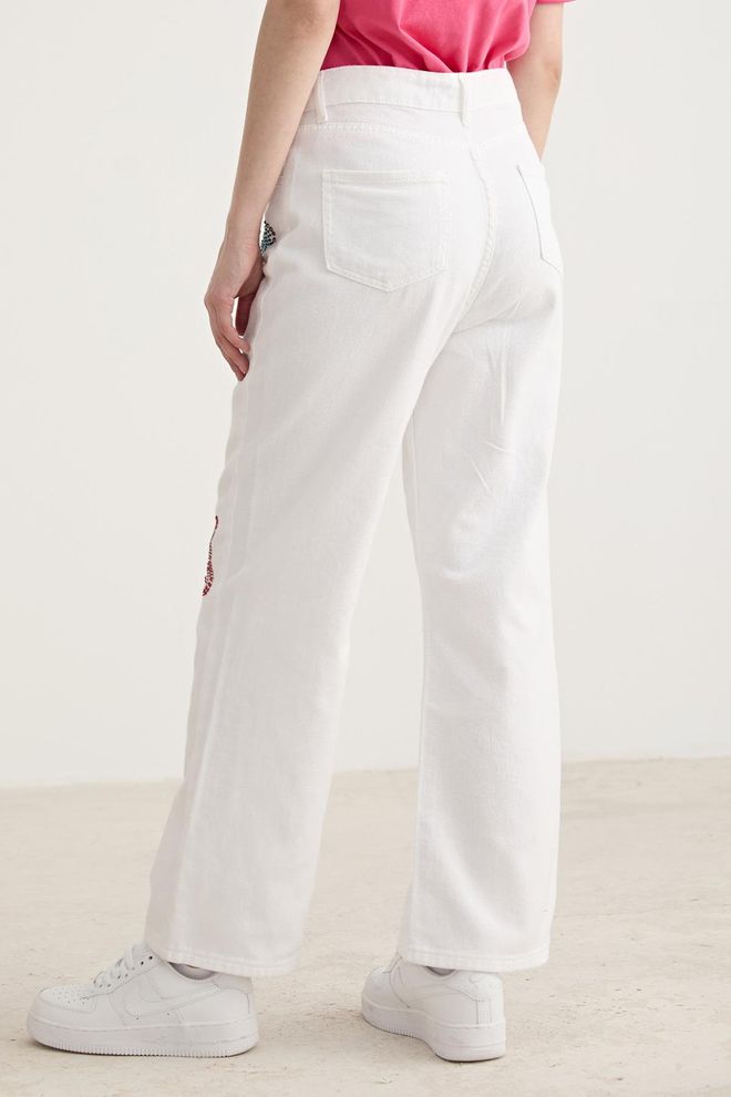Levure Stone Butterfly Detailed Wide Leg Trousers White Wholesale Clothing Cotton