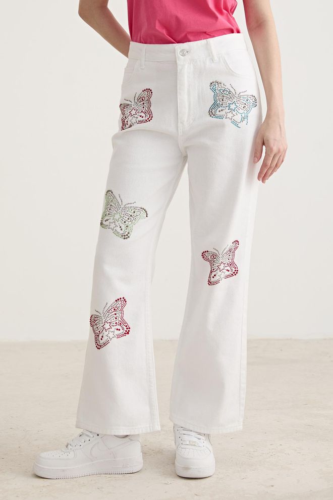 Levure Stone Butterfly Detailed Wide Leg Trousers White Wholesale Clothing Summer