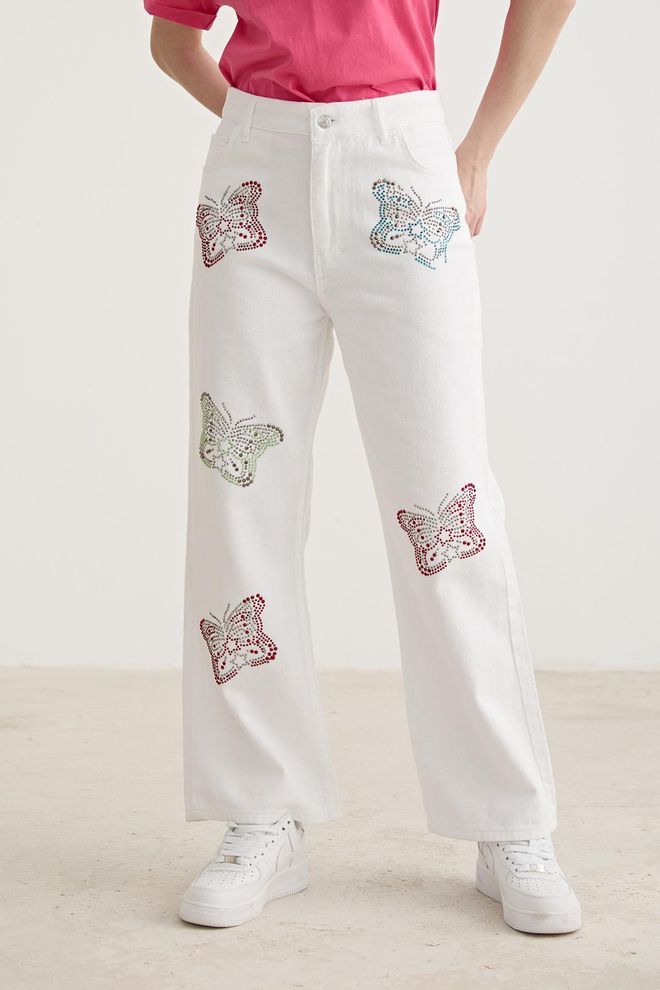 Levure Stone Butterfly Detailed Wide Leg Trousers White Wholesale Clothing 5