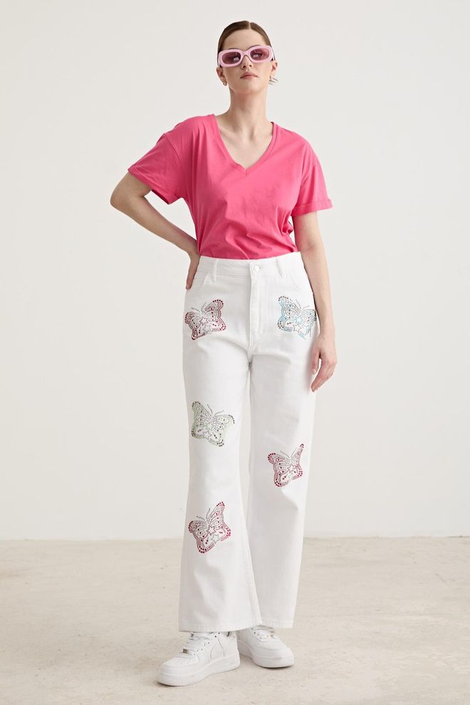 Levure Stone Butterfly Detailed Wide Leg Trousers White Wholesale Clothing Cute