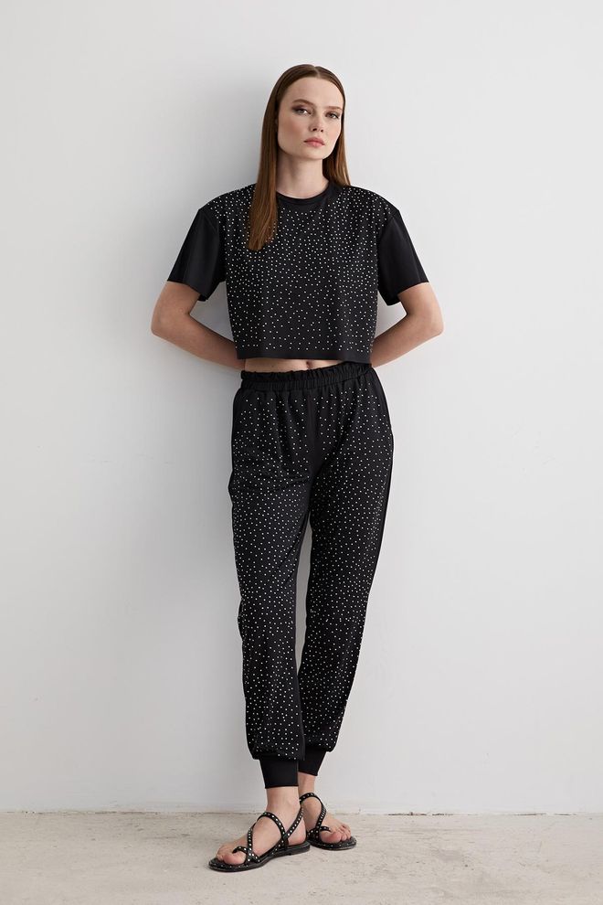 Levure بنطال مطاطي بتفاصيل حجرية أسود ملابس بالجملة غير رسمي