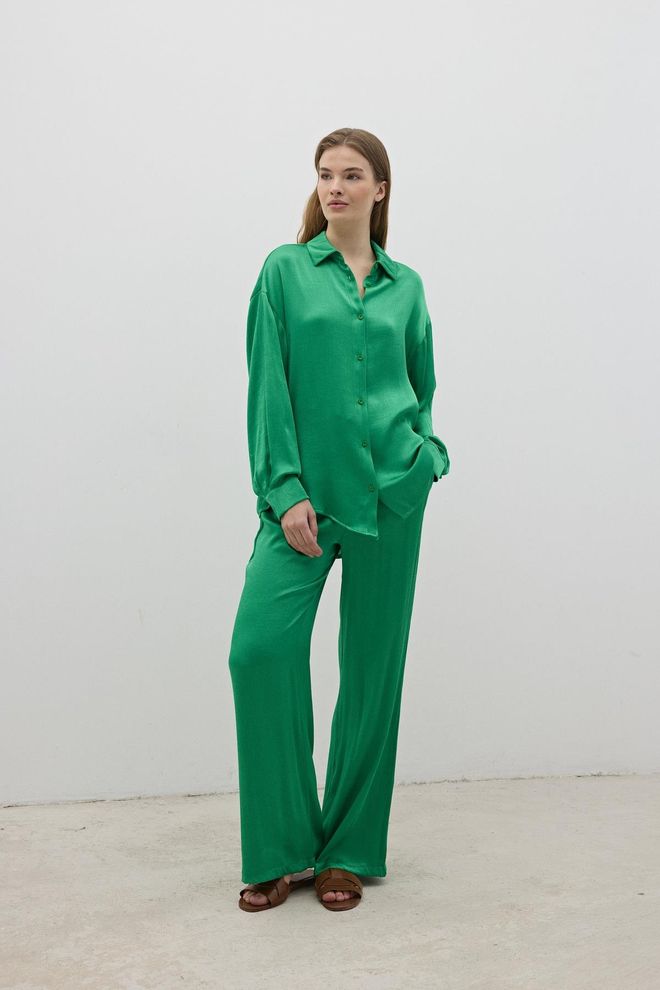 Levure Pantalon En Satin À Taille Élastique Pour Femmes Vert Vêtements en gros Pas de tissu