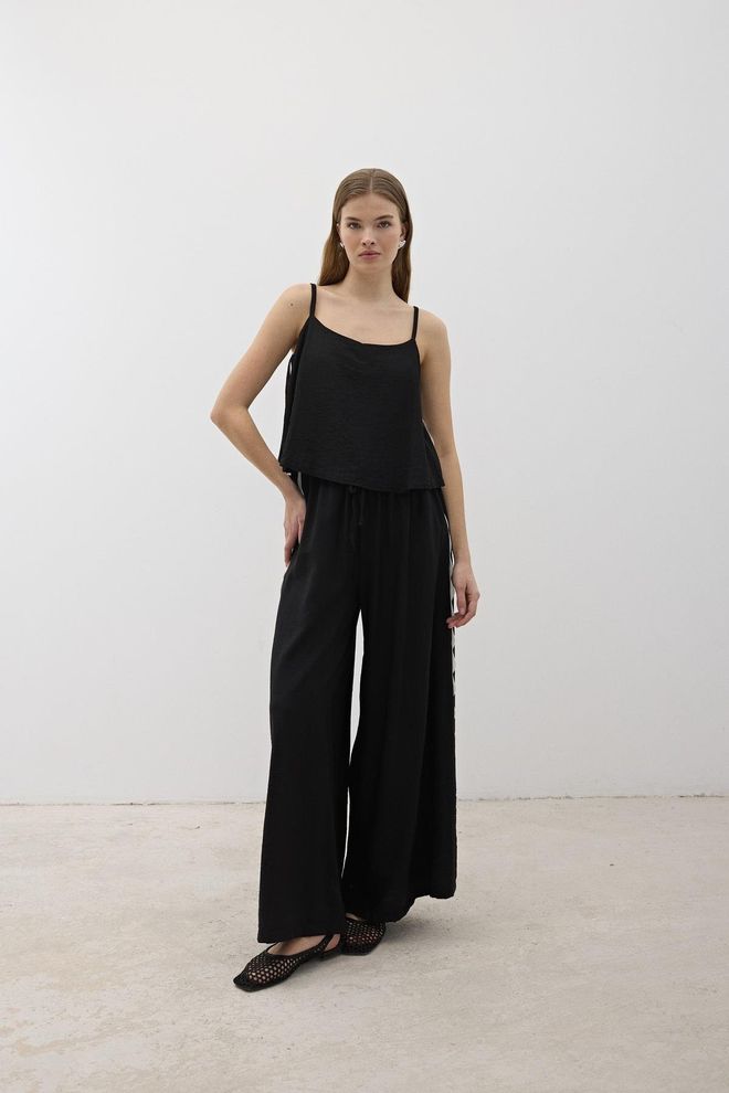 Levure Elastic Waist Water Stone Detailed Pants Black Wholesale Clothing Casual