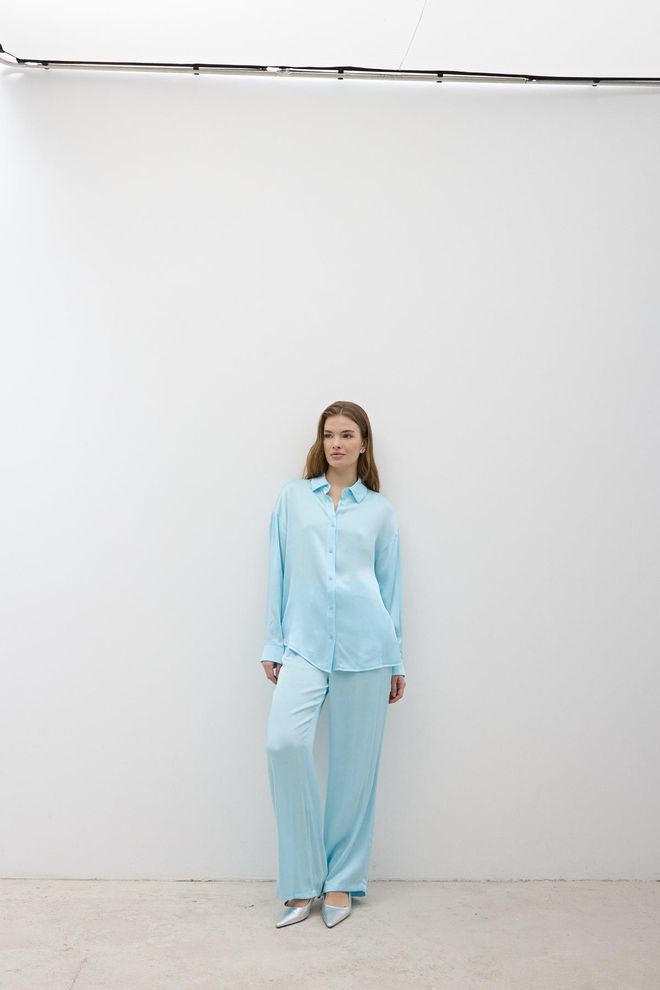 Levure Women's Elastic Waist Satin Pants Baby Blue Wholesale Clothing Evening