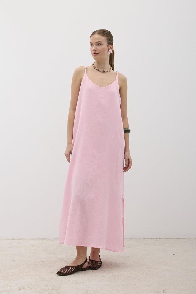 Levure Verstelbare Oversized Mueslin Jurk Met Hanger Roze Groothandel Kleding Casual