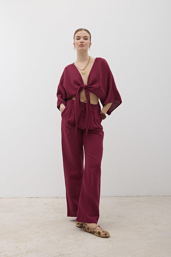 Levure Pantaloni Da Donna Mueslin Salaş Bordeaux Abbigliamento all'ingrosso Casuale