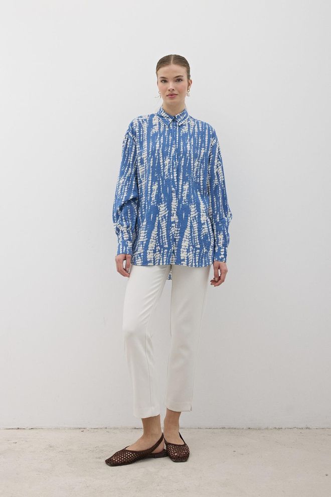 Levure Buttoned Patterned Oversized Shirt Blue Wholesale Clothing Formal