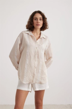 A wholesale clothing model wears lev10021-women's-oversize-thick-striped-shirt-stone, Turkish wholesale Shirt of Levure