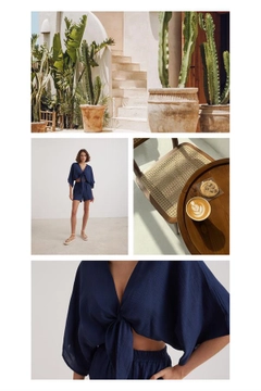 A wholesale clothing model wears lev10022-women's-muslin-tie-blouse-navy-blue, Turkish wholesale Crop Top of Levure
