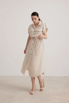 A wholesale clothing model wears lev10039-low-sleeve-buttoned-women's-midi-dress-stone, Turkish wholesale Dress of Levure