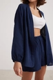 A wholesale clothing model wears lev10158-women's-muslin-elastic-waist-shorts-navy-blue, Turkish wholesale  of 