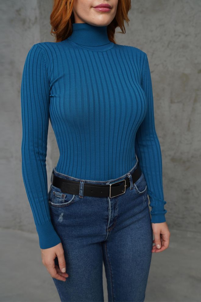 Lustrin Turtleneck Ribbed Detail Wholesale Knitwear Petrol Sweater Wholesale Clothing 3