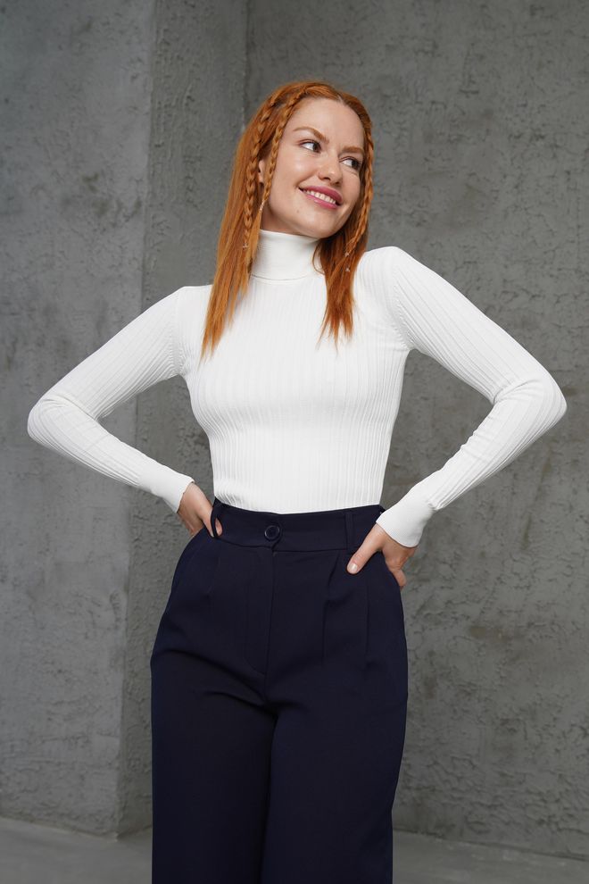 Lustrin Turtleneck Ribbed Detailed Wholesale Knitwear White Sweater Wholesale Clothing 1