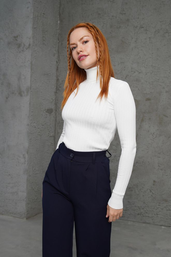 Lustrin Turtleneck Ribbed Detailed Wholesale Knitwear White Sweater Wholesale Clothing 2