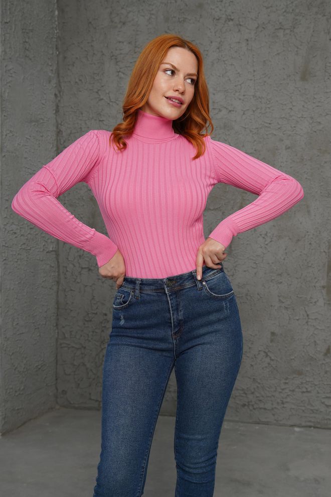 Lustrin Turtleneck Ribbed Detail Wholesale Knitwear Pink Sweater Wholesale Clothing 3