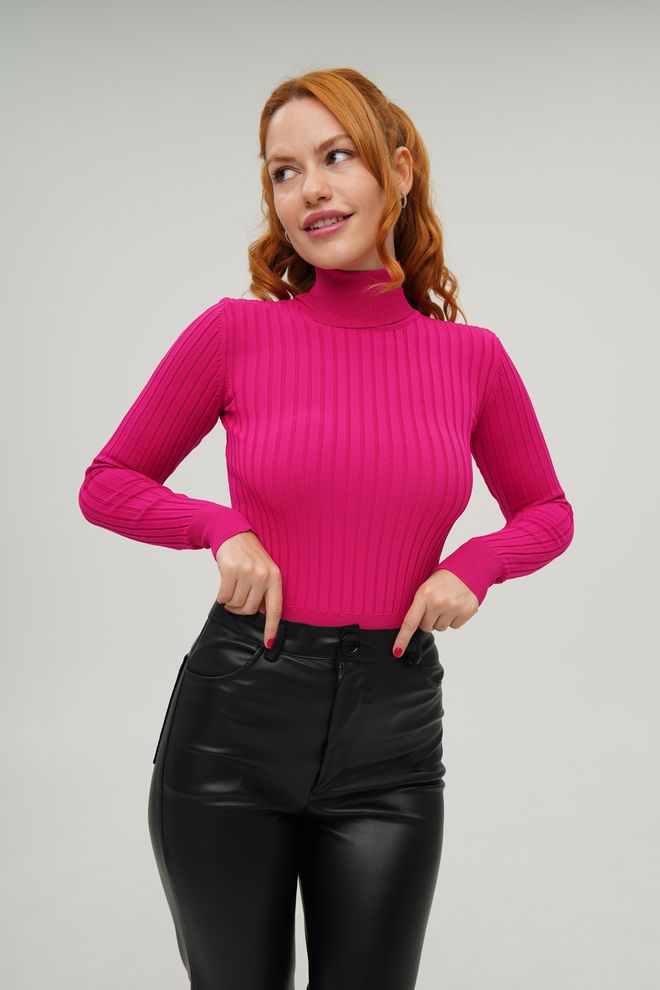 Lustrin Turtleneck Ribbed Detail Wholesale Knitwear Fuchsia Sweater Wholesale Clothing 4