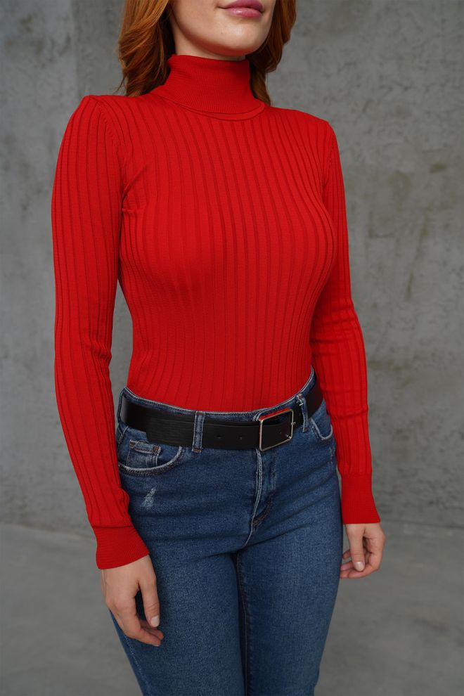 Lustrin Turtleneck Ribbed Detail Wholesale Knitwear Red Sweater Wholesale Clothing 3