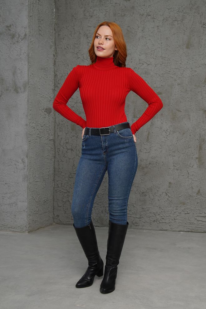 Lustrin Turtleneck Ribbed Detail Wholesale Knitwear Red Sweater Wholesale Clothing 2