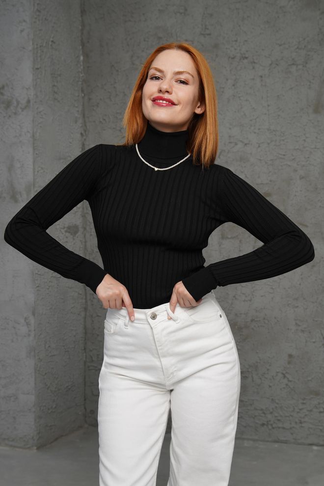 Lustrin Turtleneck Ribbed Detail Wholesale Knitwear Black Sweater Wholesale Clothing 3