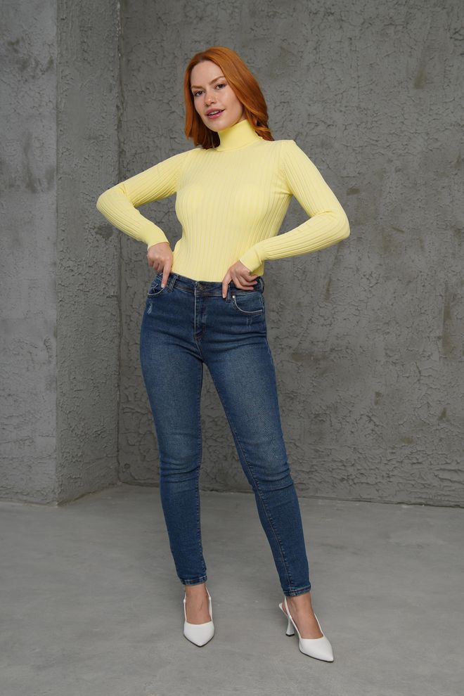 Lustrin Turtleneck Ribbed Detail Wholesale Knitwear Yellow Sweater Wholesale Clothing 1