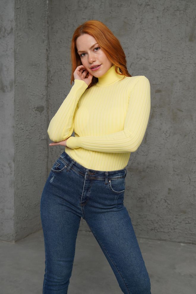 Lustrin Turtleneck Ribbed Detail Wholesale Knitwear Yellow Sweater Wholesale Clothing 2