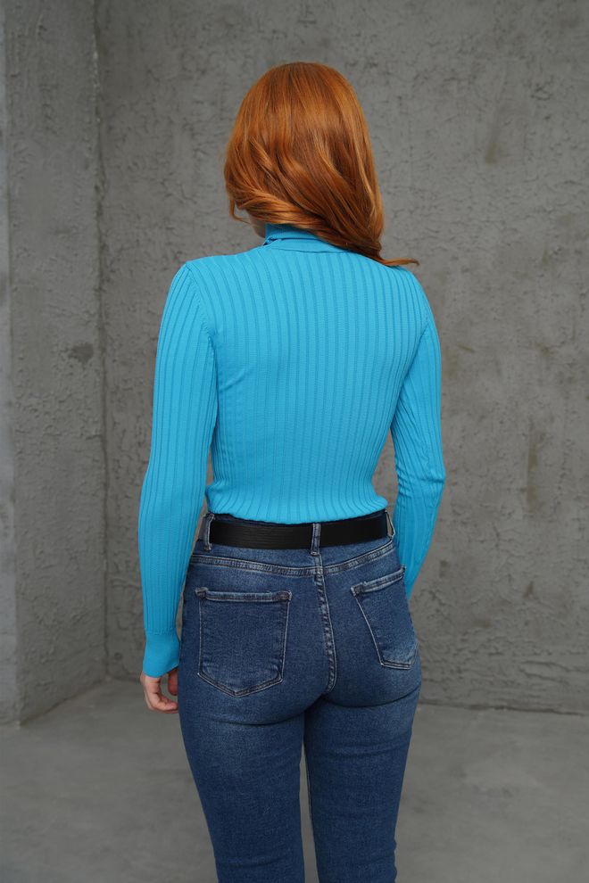 Lustrin Turtleneck Ribbed Detail Wholesale Knitwear Turquoise Sweater Wholesale Clothing 4
