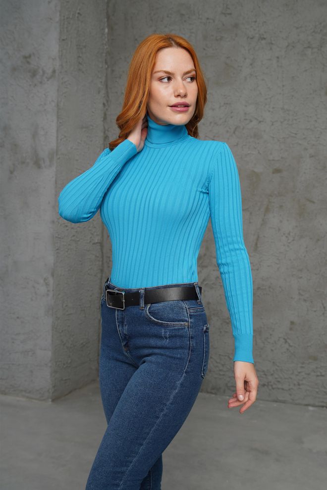 Lustrin Turtleneck Ribbed Detail Wholesale Knitwear Turquoise Sweater Wholesale Clothing 1