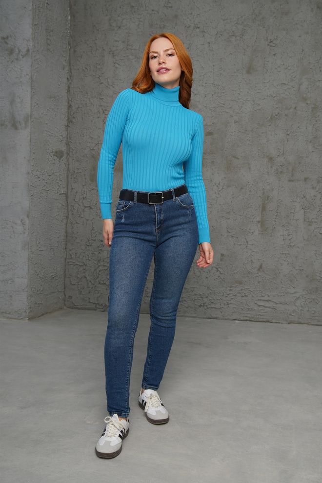 Lustrin Turtleneck Ribbed Detail Wholesale Knitwear Turquoise Sweater Wholesale Clothing 2