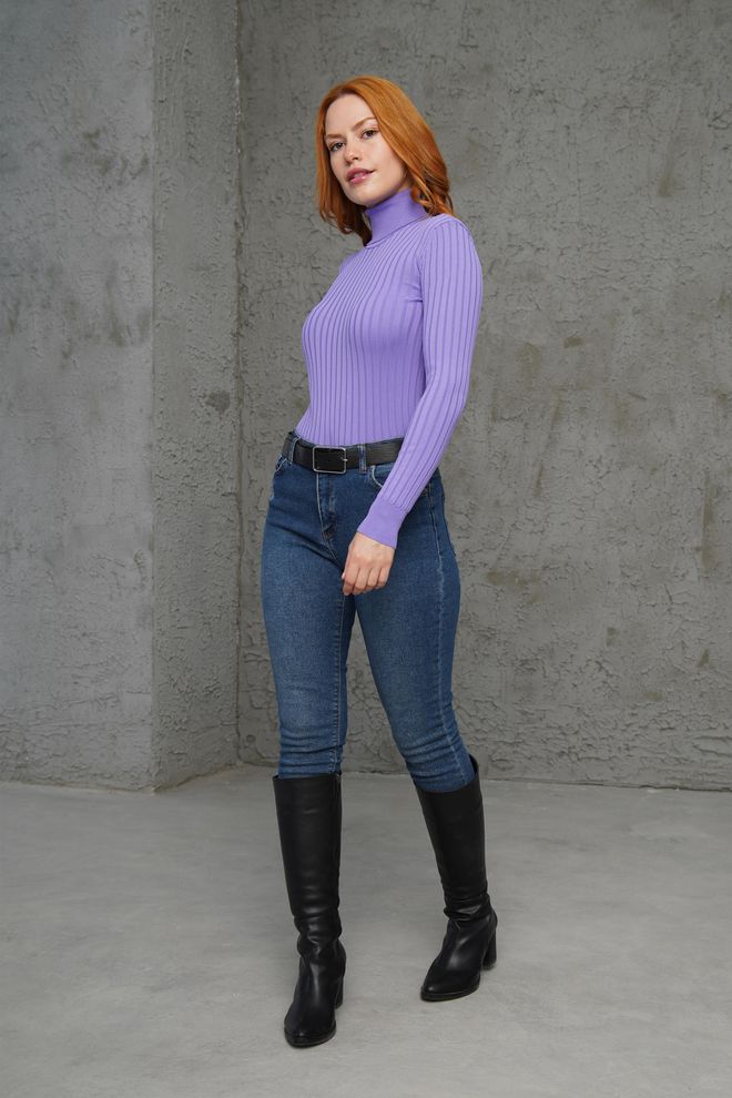 Lustrin Turtleneck Ribbed Detail Wholesale Knitwear Lilac Sweater Wholesale Clothing 1