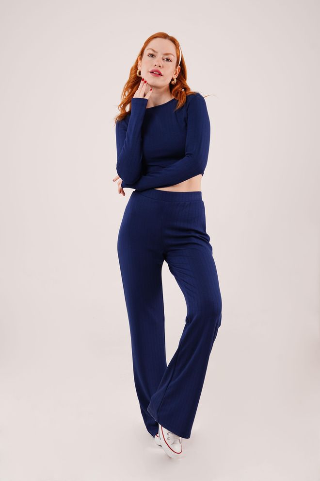 Lustrin Blusa Y Pantalones Acanalados Traje Doble Azul Marino Ropa al por mayor Casual
