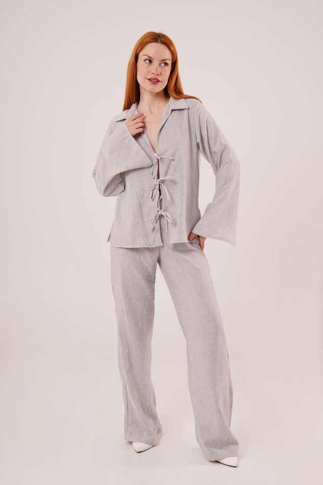 Lustrin Pantalones Y Camisa Detallados Con Cordón Frontal Al Por Mayor Traje Gris De Dos Piezas Ropa al por mayor Casual