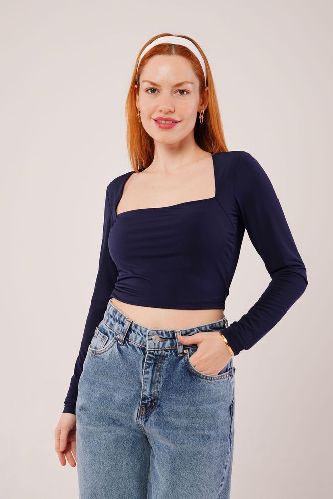 Lustrin Blouse Basique Bleu Marine À Col Carré En Gros Vêtements en gros Décontracté