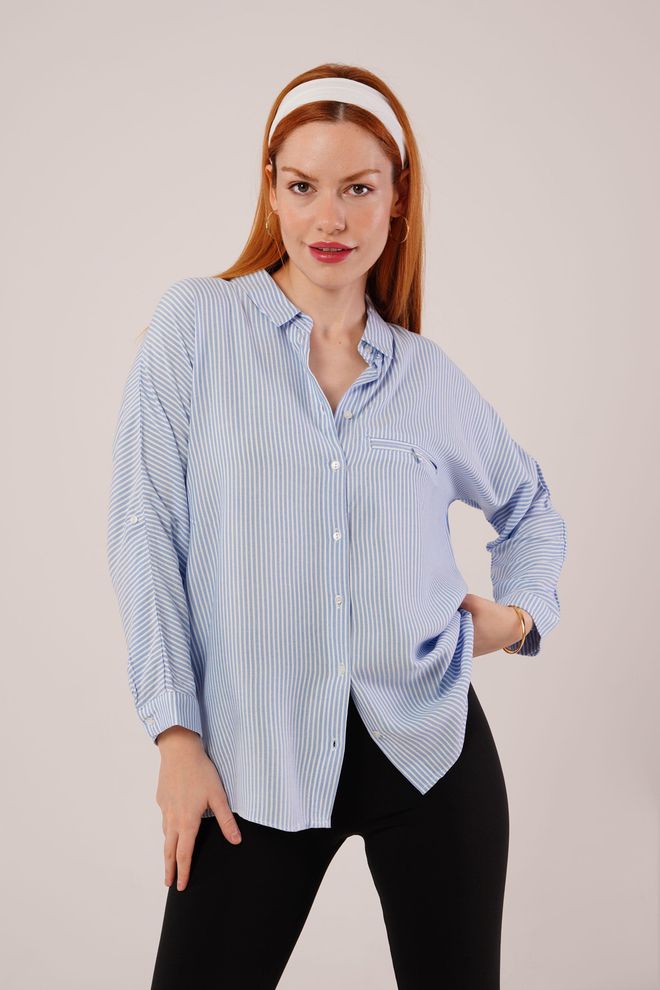 Lustrin Χονδρικό Μπλε Πουκάμισο Με Ρίγες Με Λεπτομέρειες Τσέπης Χονδρικό εμπόριο ενδυμάτων Casual