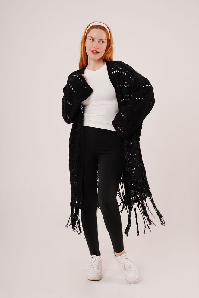 Lustrin Perforated Transitional Tassel Detail Long Knitwear Wholesale Black Cardigan Wholesale Clothing Casual