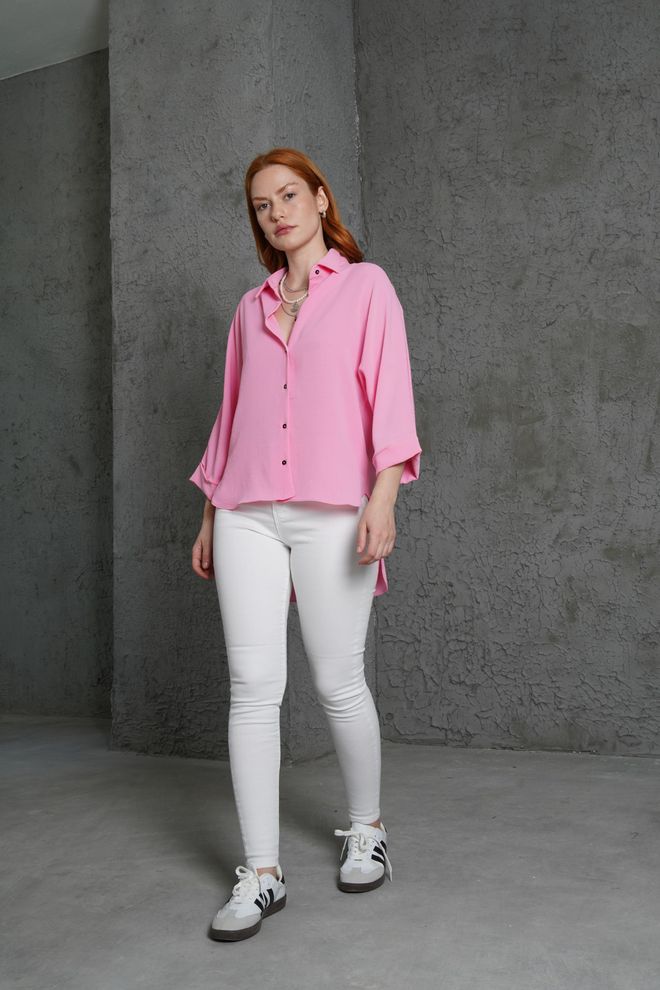 Lustrin Camicia Rosa All'ingrosso Con Dettaglio Pieghevole Sulla Manica Abbigliamento all'ingrosso Casuale