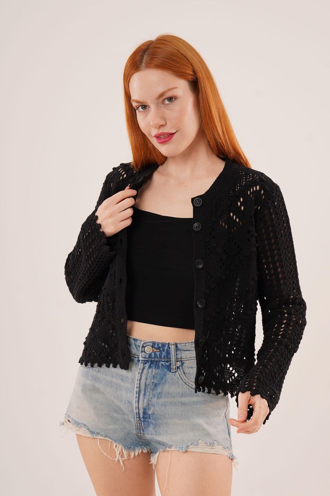 Lustrin Vente En Gros De Cardigan Noir À Boutons Ajourés Vêtements en gros Décontracté