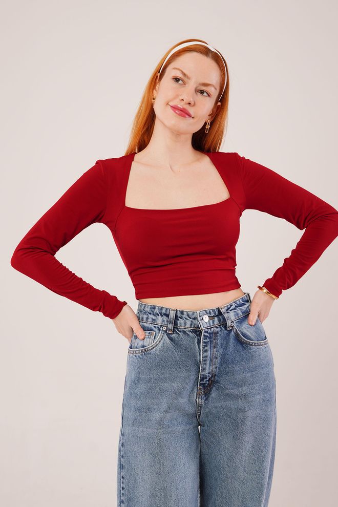 Lustrin Blouse Bordeaux Basique À Col Carré En Gros Vêtements en gros Décontracté