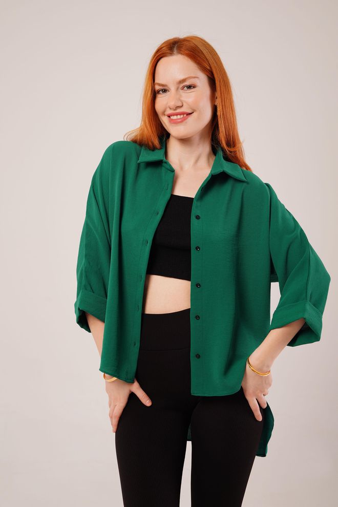 Lustrin Camicia Verde Smeraldo All'ingrosso Con Dettaglio Pieghevole Sulla Manica Abbigliamento all'ingrosso Casuale