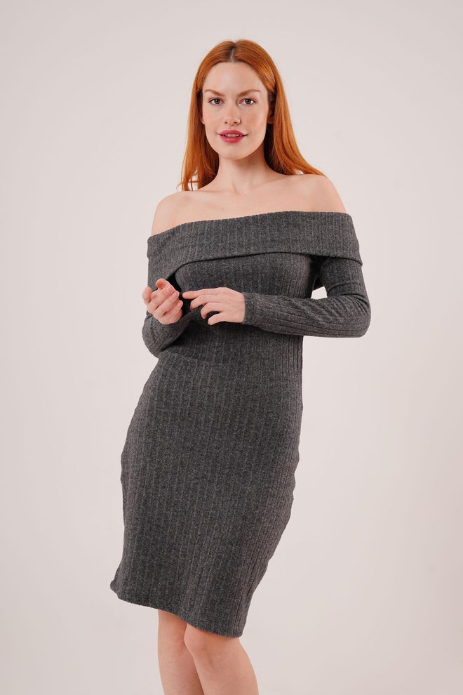 Lustrin Madonna Yaka Fitilli Toptan Antrasit Triko Elbise Toptan Giyim Gündelik