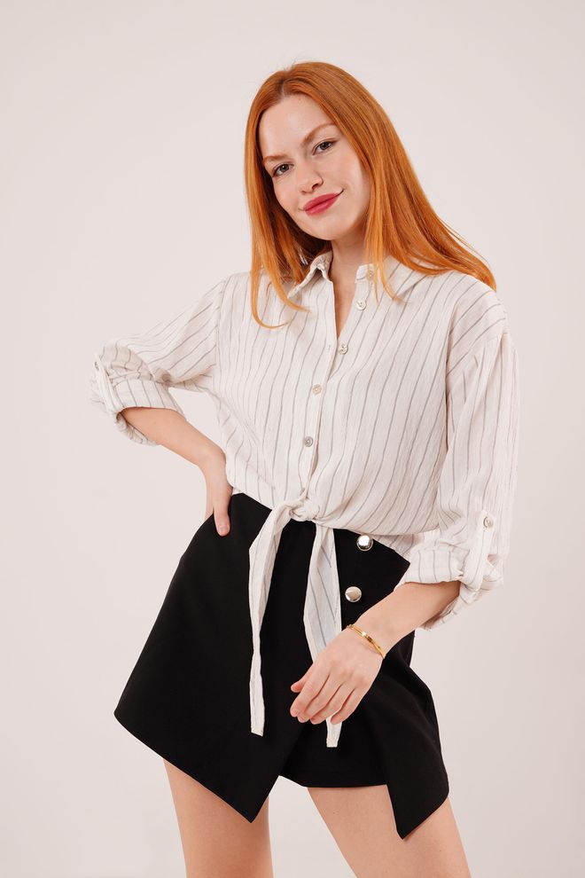 Lustrin Camisa Blanca Al Por Mayor Con Rayas Anudadas Detalladas En Las Mangas Ropa al por mayor Casual