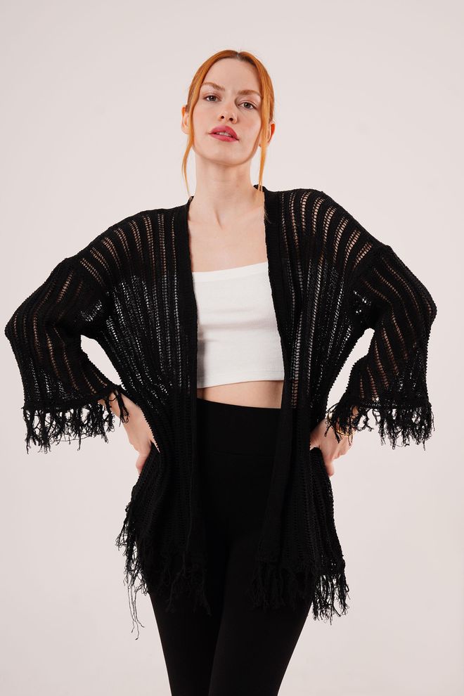 Lustrin Tassel Detailed Perforated Pattern Wholesale Black Cardigan Wholesale Clothing Casual