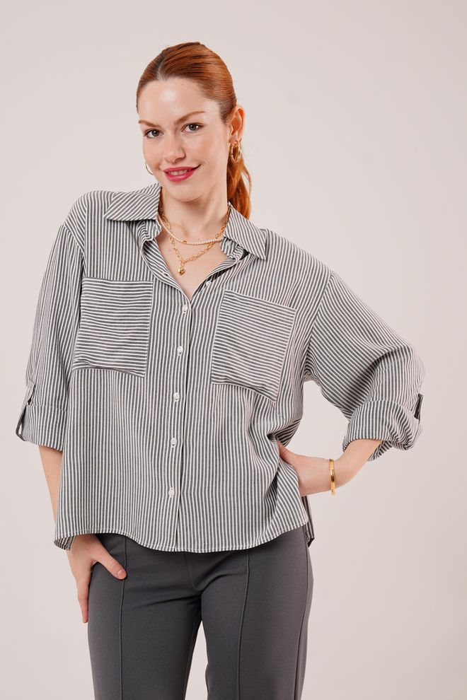 Lustrin Camisa Gris Al Por Mayor Detallada Con Bolsillo A Rayas Con Manga De Murciélago Ropa al por mayor Casual