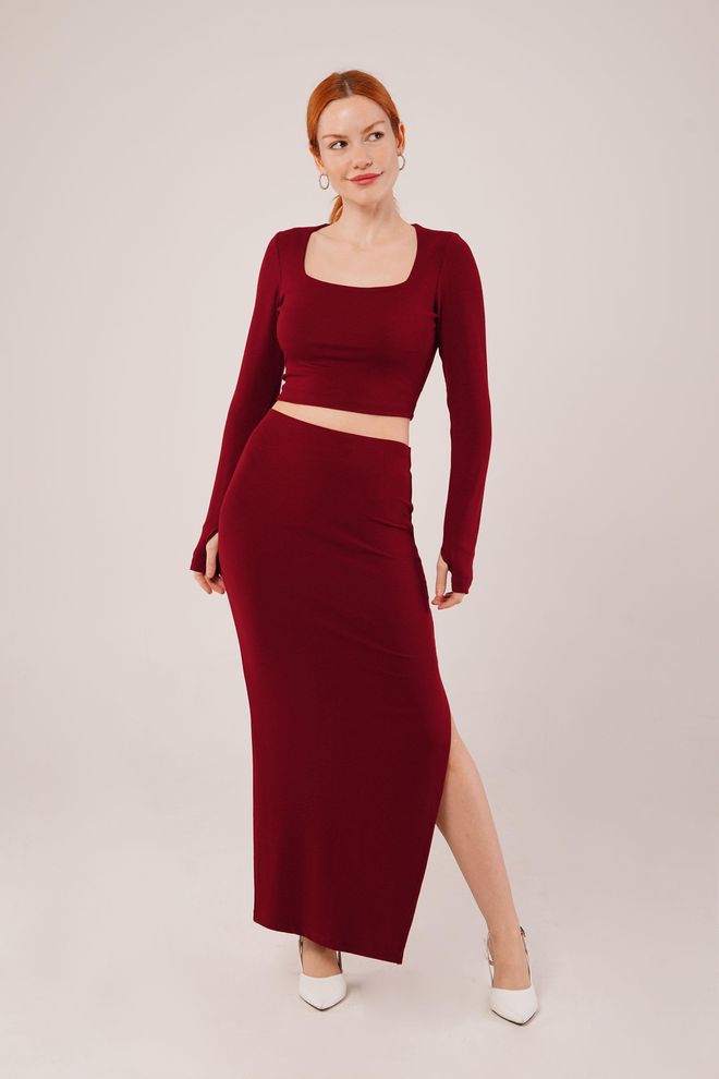 Lustrin Blusa De Gola Quadrada E Saia Detalhada Com Fenda Terno Duplo Bordô Por Atacado Roupas por atacado Casual