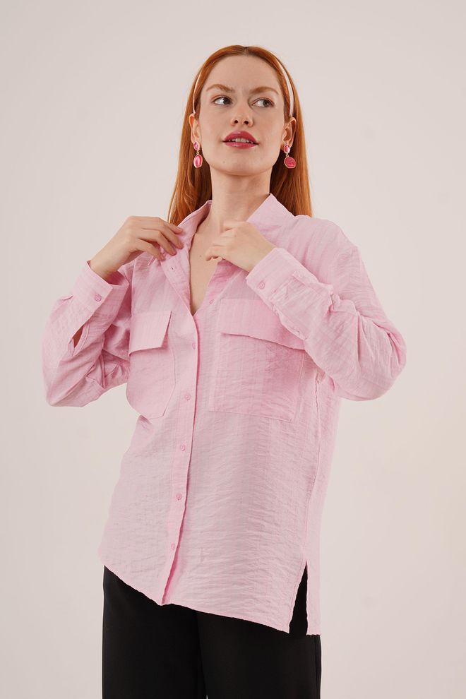 Lustrin Camicia Rosa All'ingrosso Con Tasche E Bottoni A Righe Abbigliamento all'ingrosso Casuale