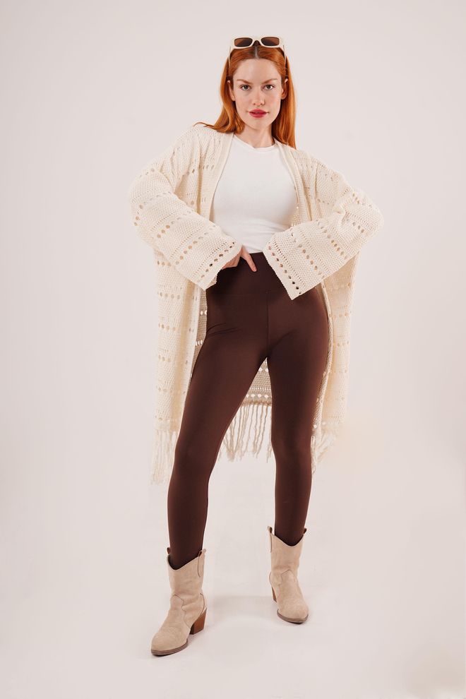 Lustrin Perforated Transitional Tassel Detail Long Knitwear Wholesale Cream Cardigan Wholesale Clothing Casual