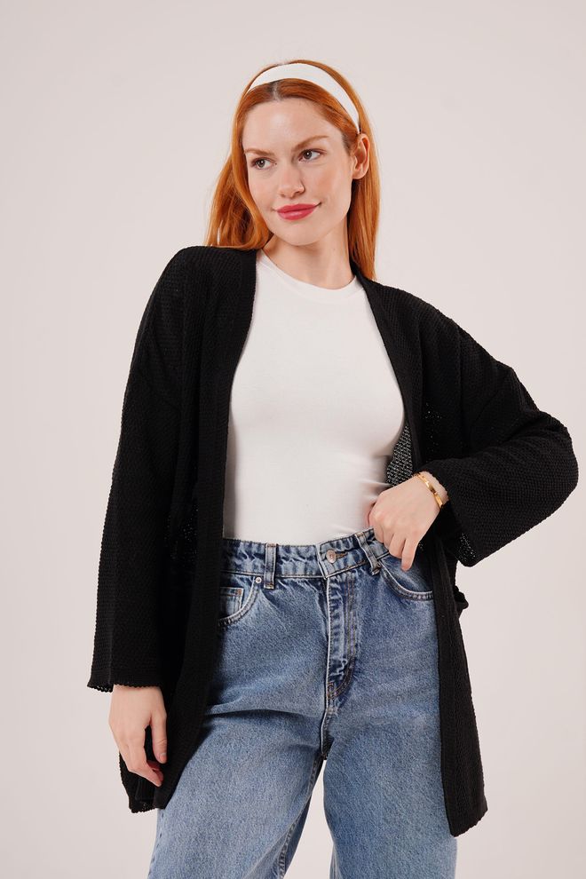 Lustrin Pocket Slippery Pattern Knitwear Long Wholesale Black Cardigan Wholesale Clothing Casual