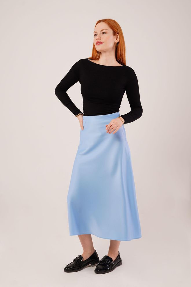Lustrin Gonna In Raso Midi Blu Con Taglio A Campana All'ingrosso Abbigliamento all'ingrosso Elegante